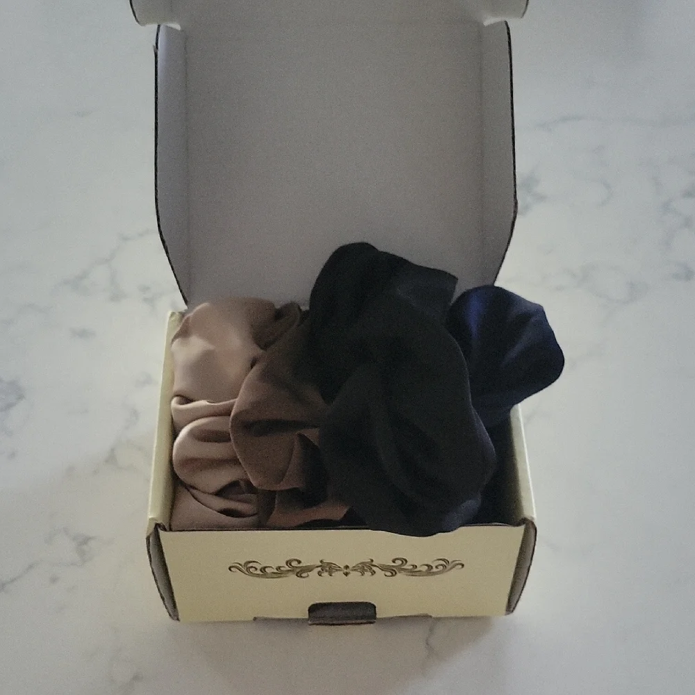 Satin Hair Scrunchies Tan, Beige, Black, and Navy. Set Of 4 New In Box